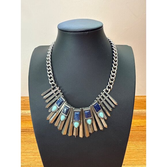 Chunky Silver-Tone Chain Necklace With Blue & Turquoise Geometric Accents - Picture 1 of 4